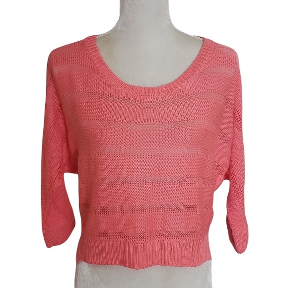 t/o Sweaters Coral‎ Knit Stripped 3/4 Sleeves Crop Sweater sz L - Picture 1 of 4